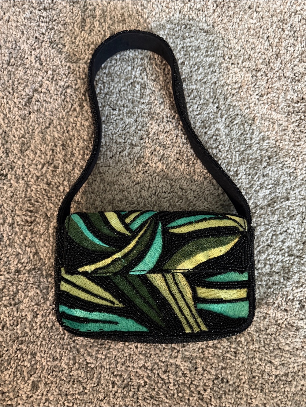 Black Beaded Shoulder Bag with Green Leaf Pattern